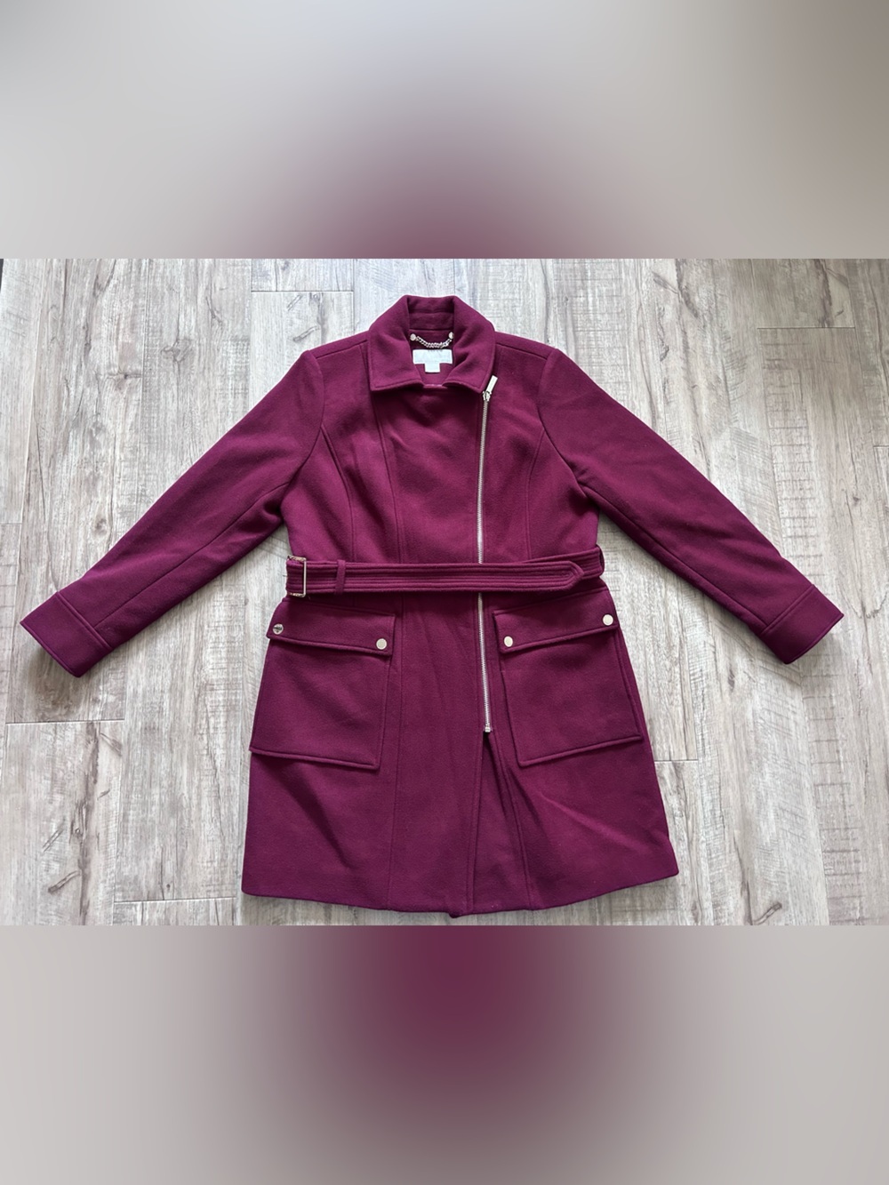 MICHAEL Michael Kors Burgundy Wool-Blend Pea Coat with Belt winter